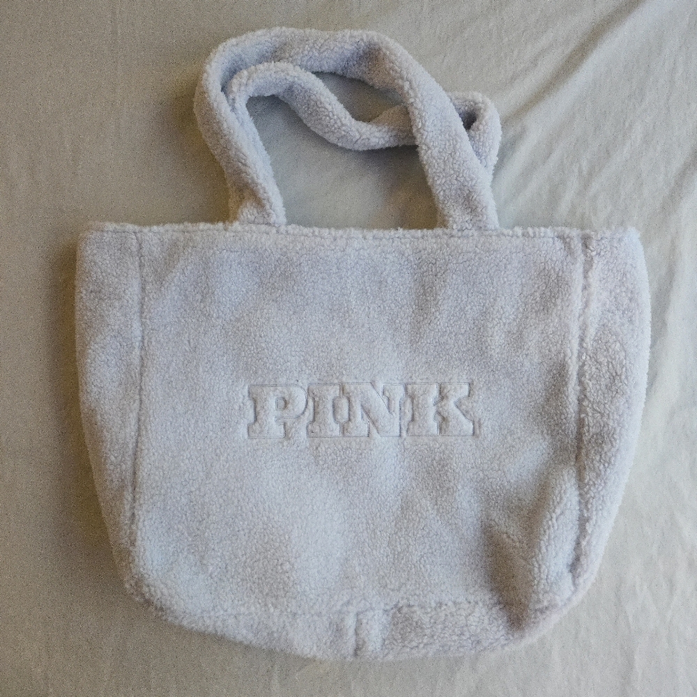 Victoria's Secret PINK Plush Teddy Sherpa Logo Tote Ice Blue Spring Pastel
